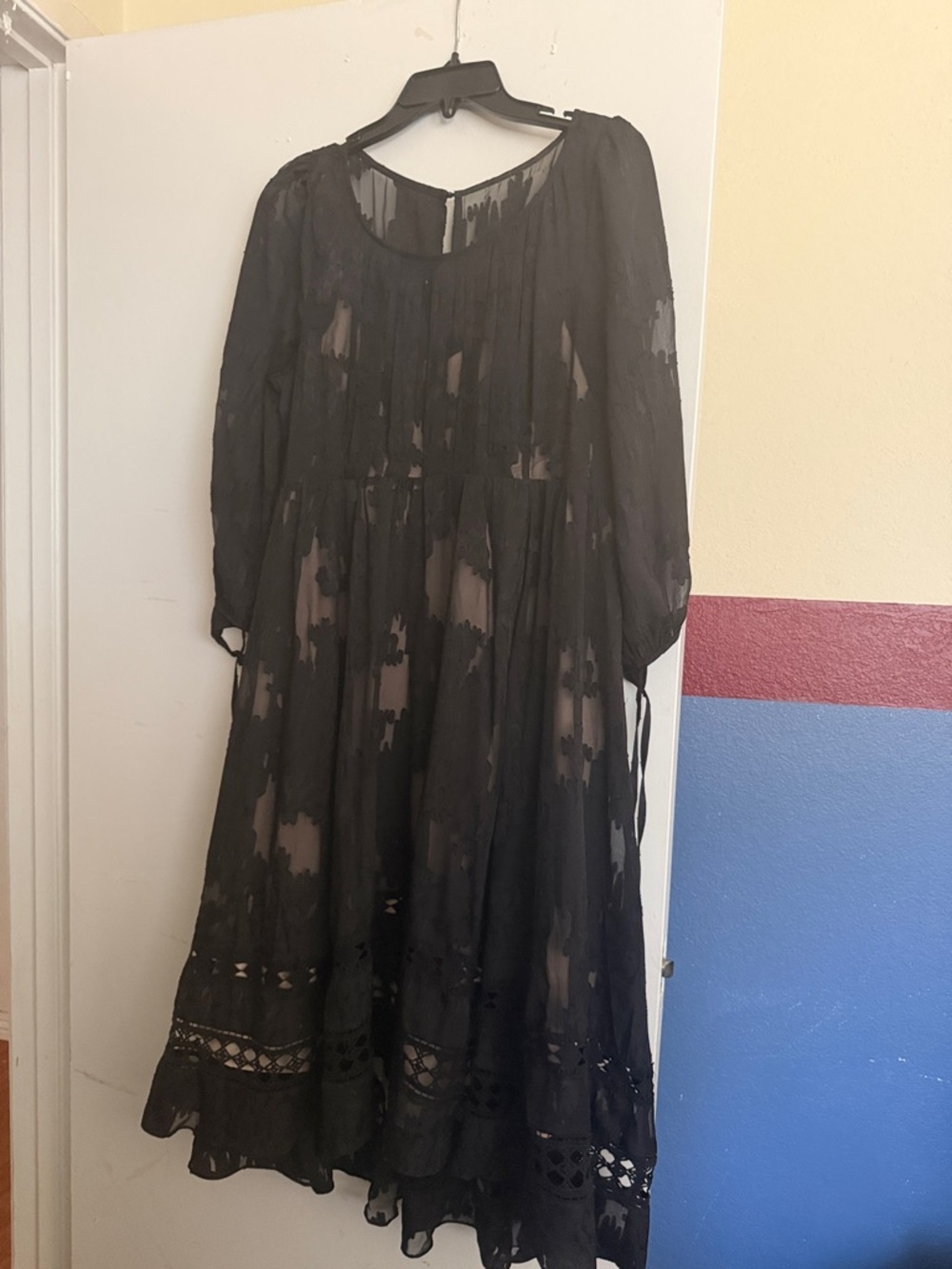 Maeve Black Sheer Lace-Trim Long Sleeve Maxi Dress